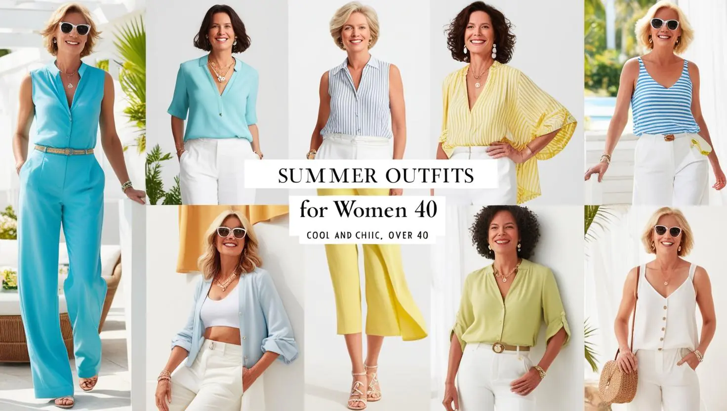 Summer outfits for women over 40: cool and chic, visually appealing. Showcase a variety of stylish summer outfits suitable for women over 40, emphasizing effortless elegance and modern sophistication. Include diverse body types and styles, depicted in a bright, airy setting with natural light. The color palette should feature vibrant summer colors like pastel blues, sunny yellows, and crisp whites, complemented by neutral tones. The overall aesthetic should be clean, bright, and aspirational, showcasing high-quality fabrics and well-tailored garments. The image should have a lifestyle photography style, with a focus on natural poses and candid expressions.
