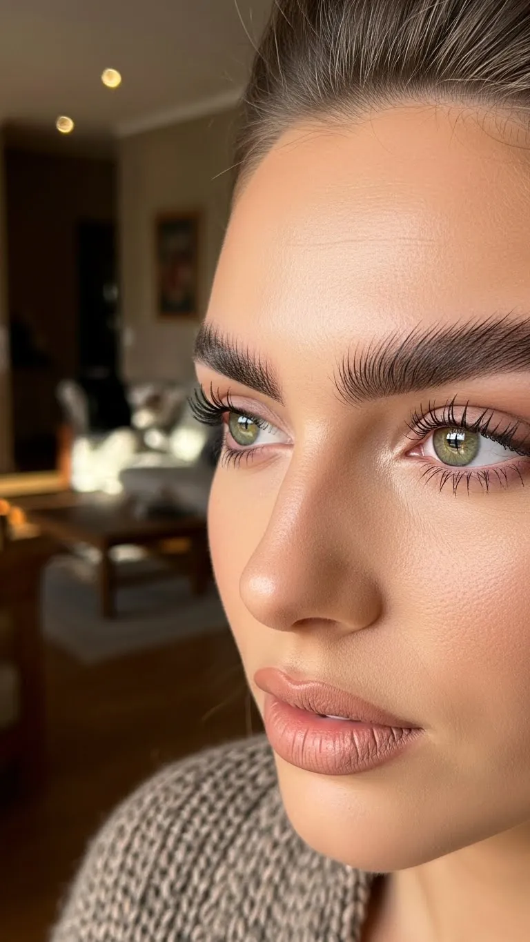 Close-up of perfectly groomed eyebrows and long eyelashes, showcasing beauty and skincare excellence.