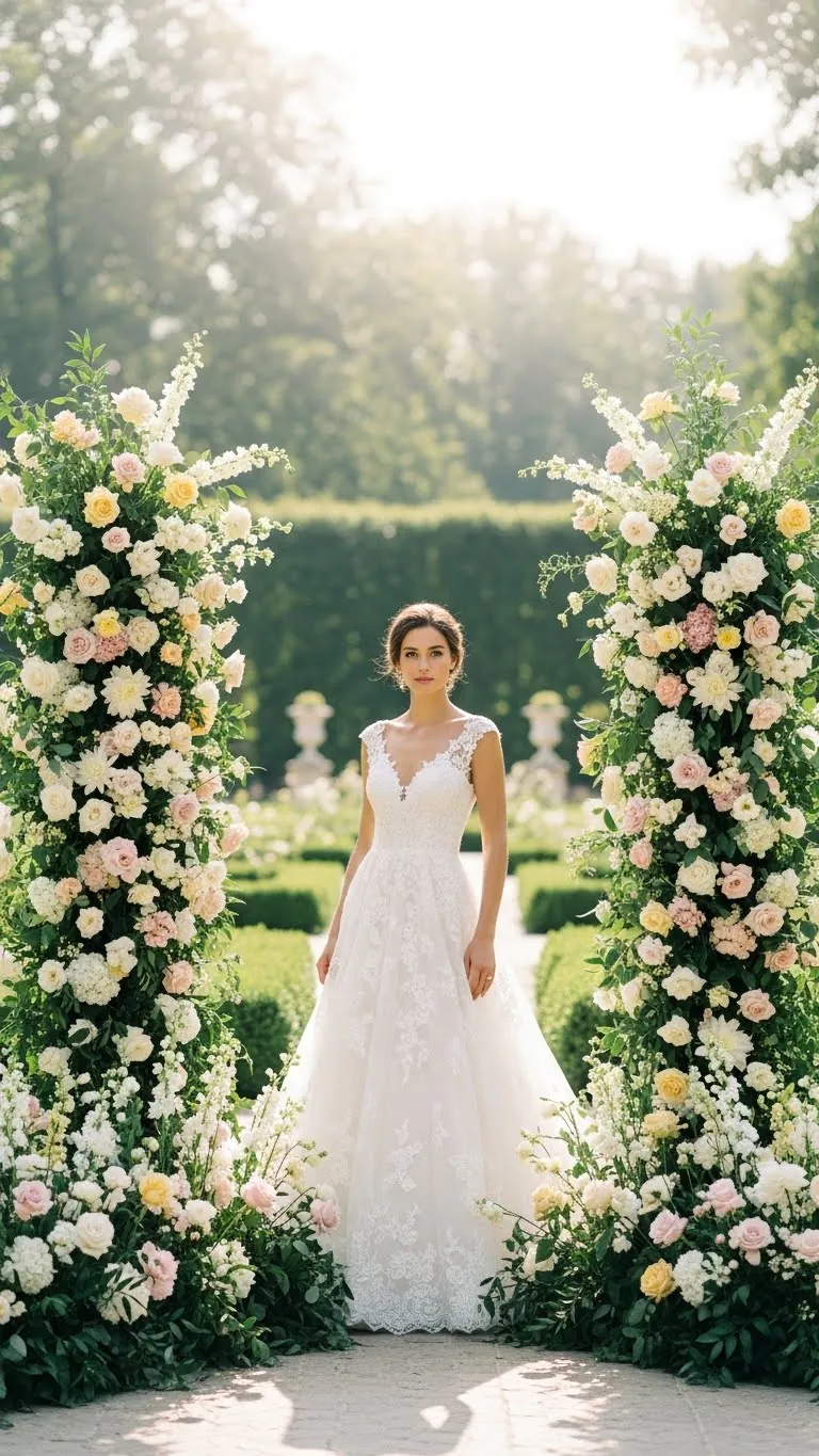 Beautiful bride in white wedding gown amidst pastel flower arch. Perfect for outdoor wedding venues and bridal photography.