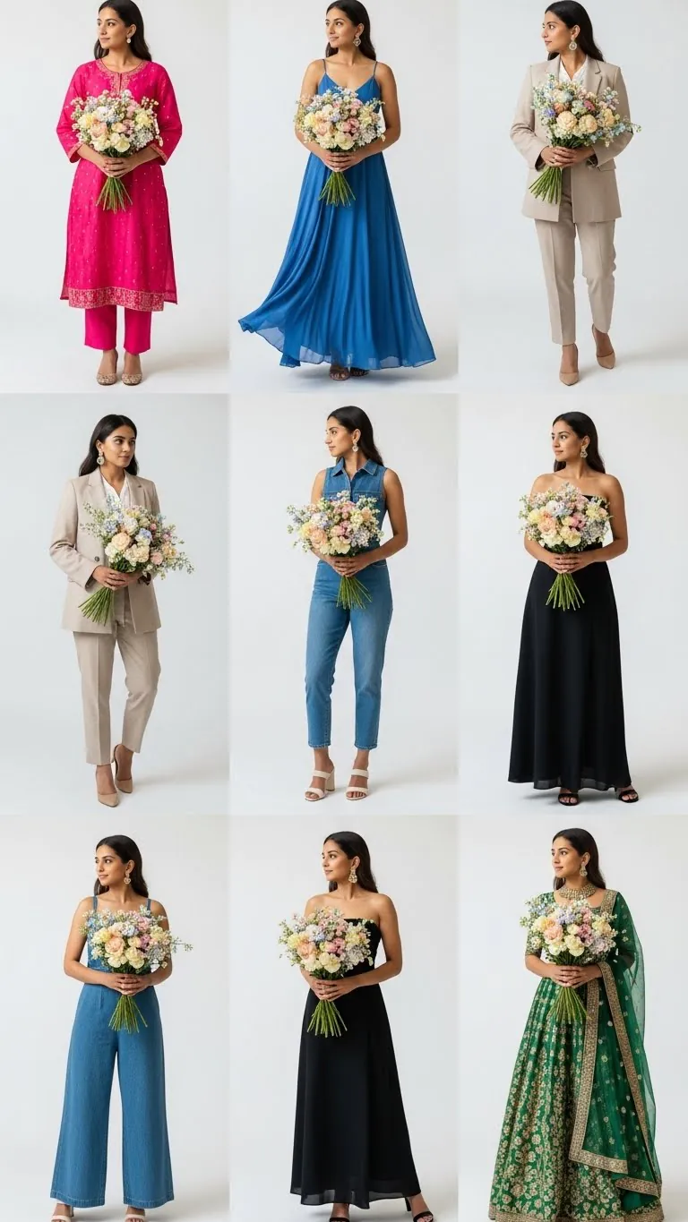 Elegant woman holding bouquet with various stylish dresses and outfits for wedding or special occasions.