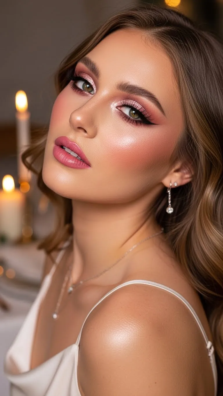Close-up of a woman with perfect makeup, elegant earrings, and soft lighting.