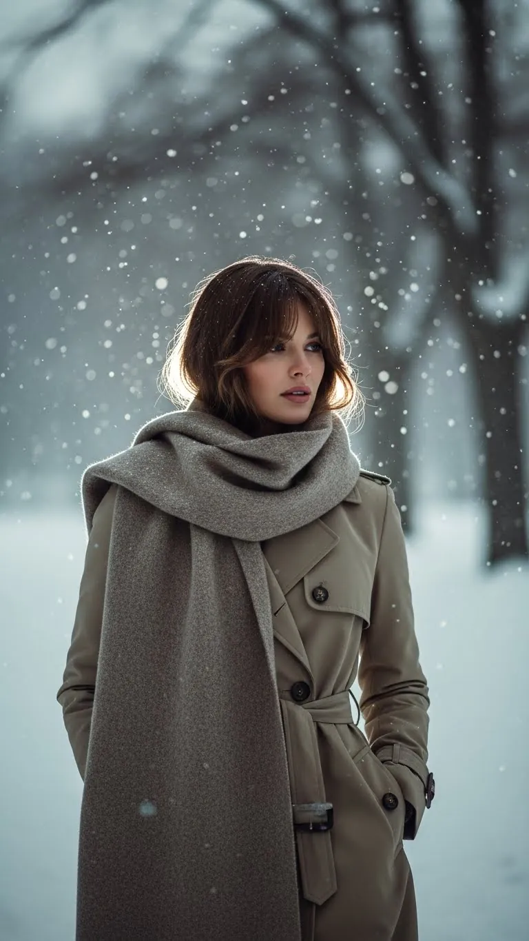 Elegant woman in winter coat and scarf outdoors in snowfall.