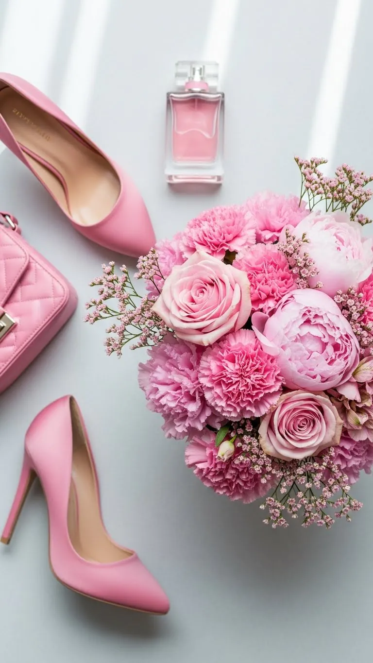 Pink floral bouquet with roses and carnations, stylish heels, and perfume bottle for fashion and elegance.