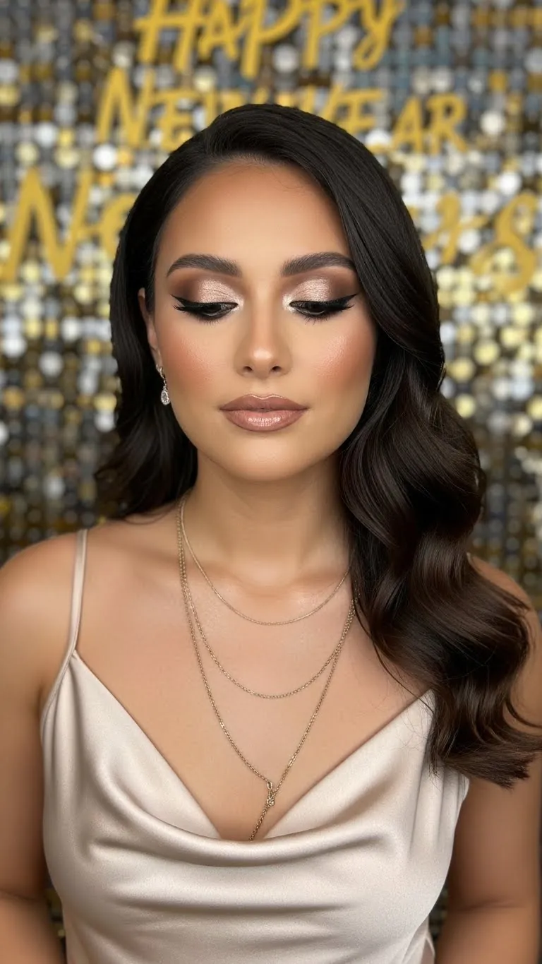 Close-up of a woman with glamorous makeup, styled hair, and layered necklace, celebrating New Year's sparkle.