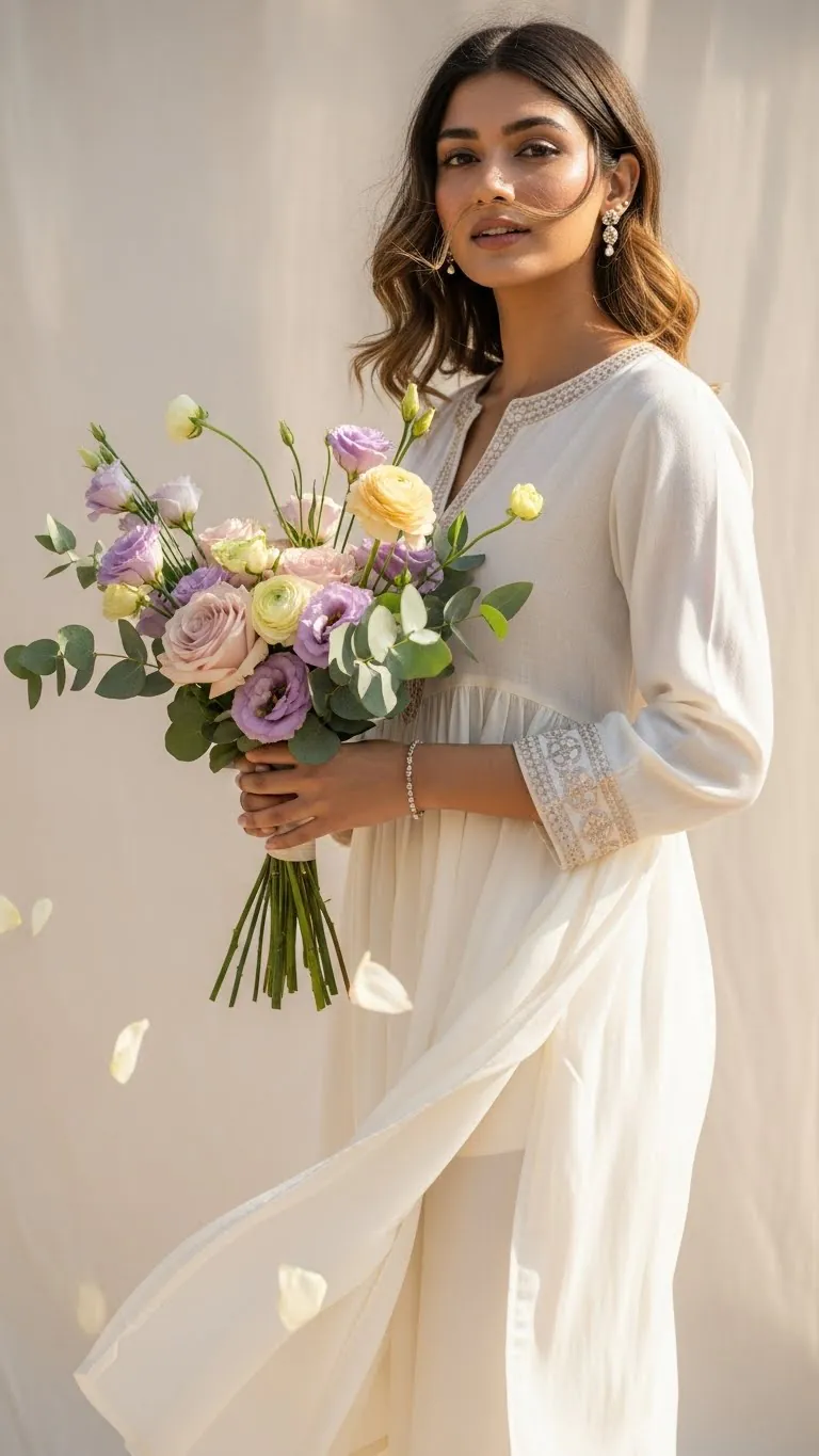 Beautiful woman holding pastel-colored flower bouquet in natural light.