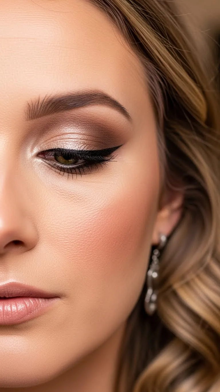 Close-up of a woman with perfect makeup and high-quality eyeshadow, eyeliner, and lashes.
