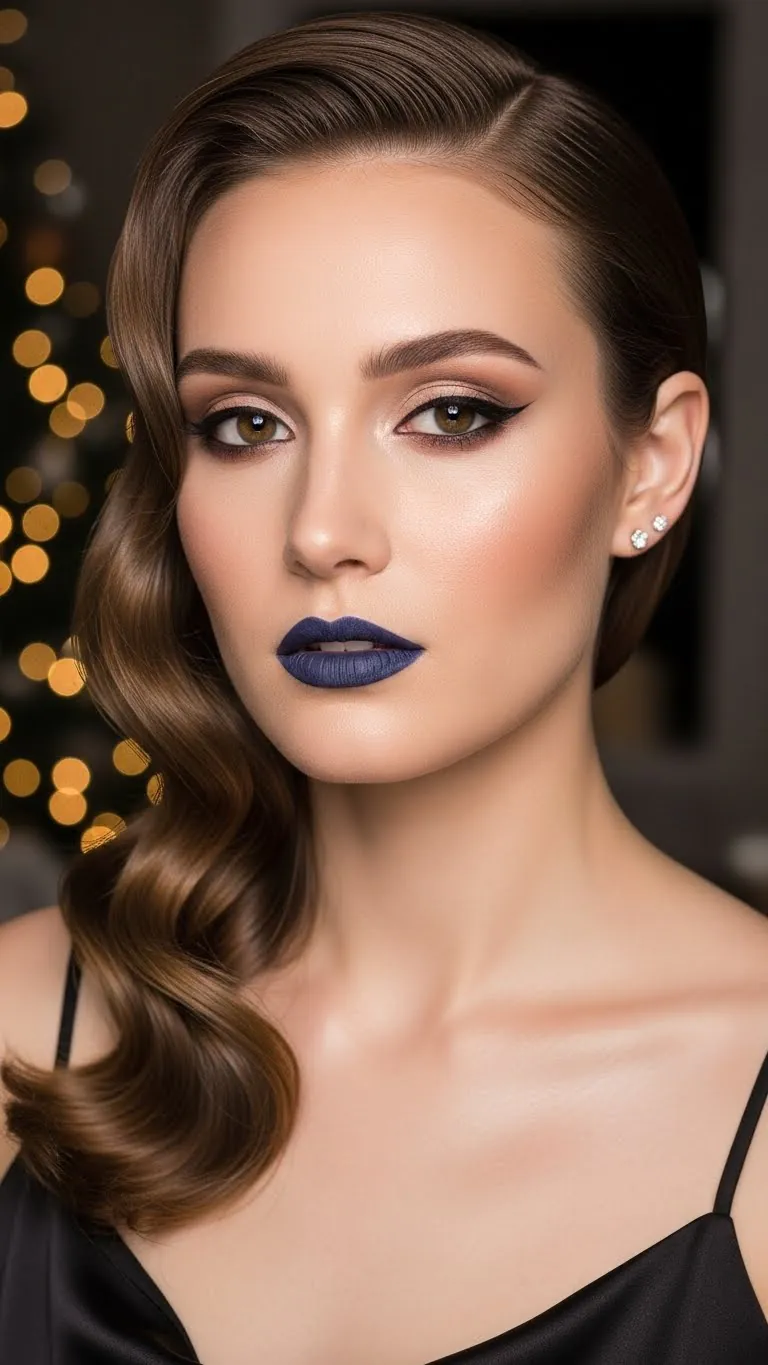 Close-up portrait of a woman with flawless makeup, bold blue lipstick, and elegant earrings, perfect for beauty and fashion SEO.