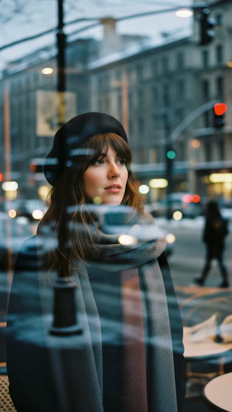 Reflected woman in chic coat and hat looking out window in urban setting.