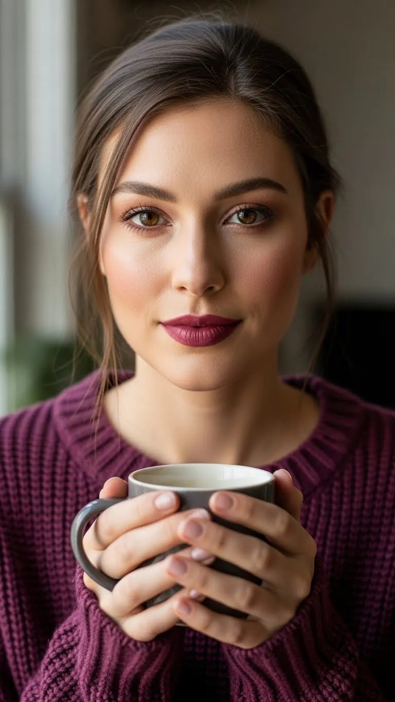 Close-up of a beautiful young woman with brown eyes and dark hair holding a coffee mug, showcasing relaxed and cozy atmosphere.