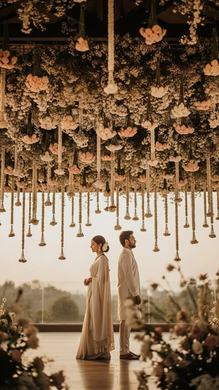 Romantic wedding couple standing beneath beautiful floral ceiling decoration with hanging blooms.