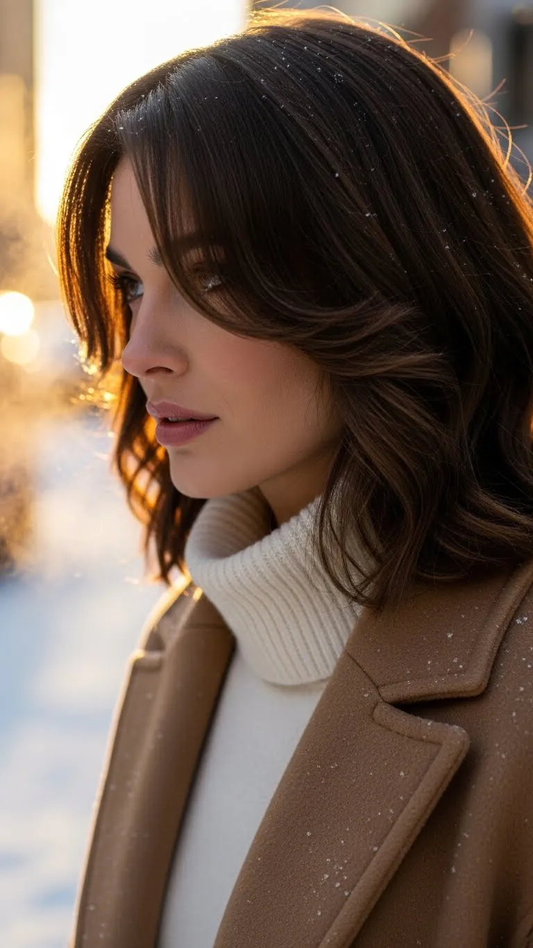 Close-up of stylish woman wearing warm beige winter coat with snowflakes and sunlight.