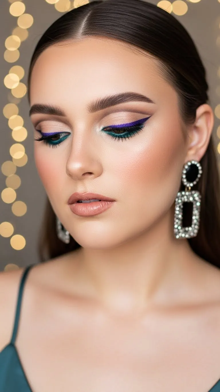 Close-up of a woman with artistic eye makeup, bold liner, and sparkling earrings, showcasing beauty and cosmetics.