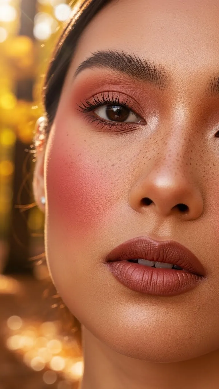 Close-up of a young woman with flawless skin, natural makeup, and defined features.