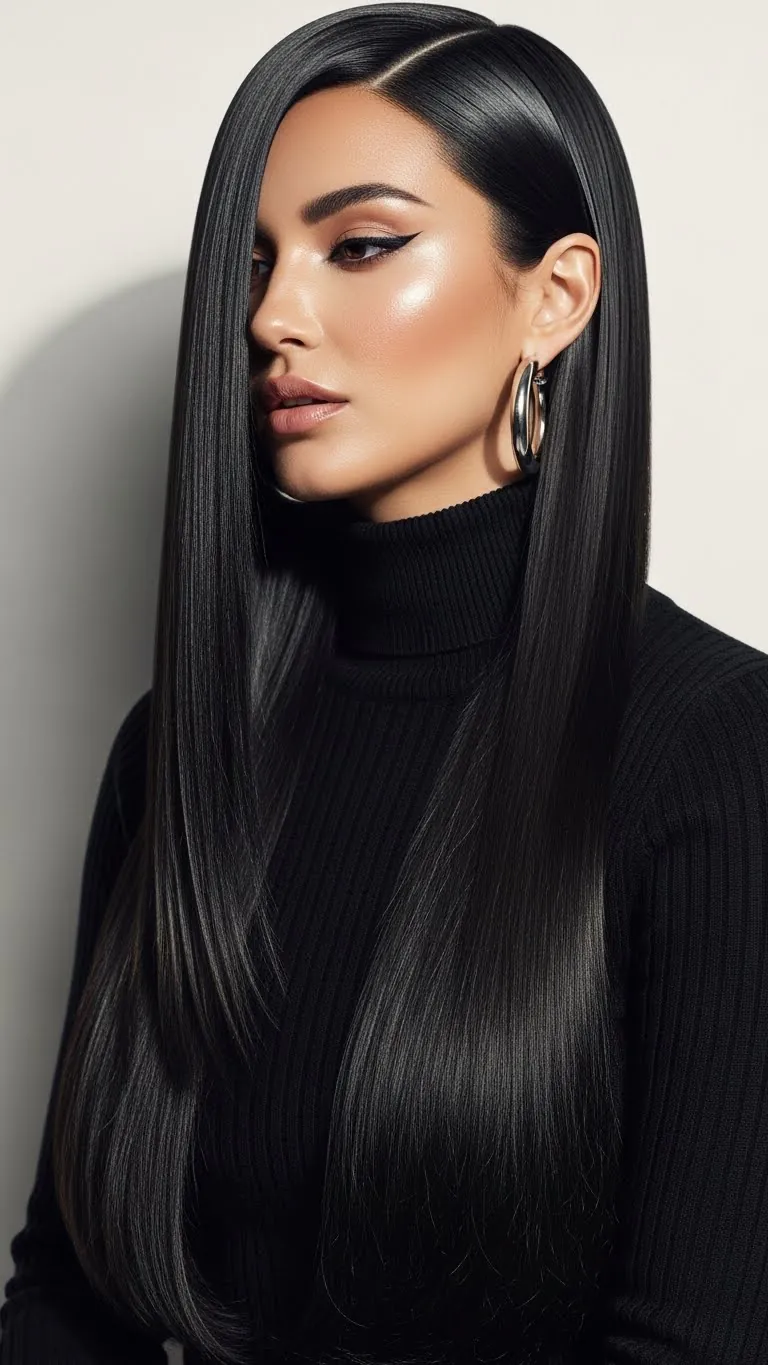 Stunning woman with long, straight black hair and elegant makeup. Perfect for beauty and haircare inspiration.