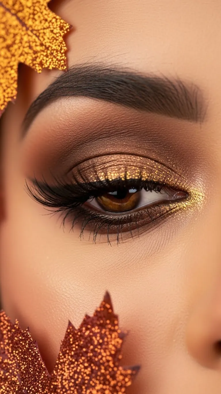 Close-up of stunning eye makeup with gold shimmer eyeshadow and detailed eyelash enhancement.