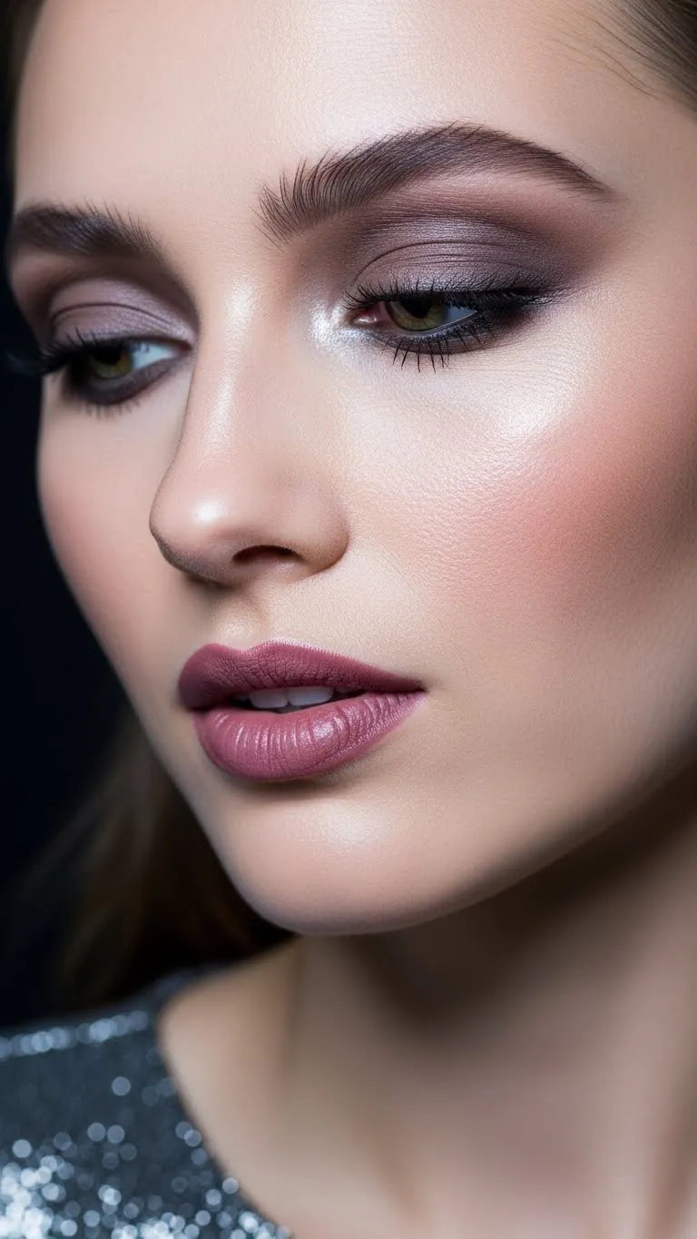 High-resolution image of a woman's face showcasing makeup beauty, eye makeup, and lip color.