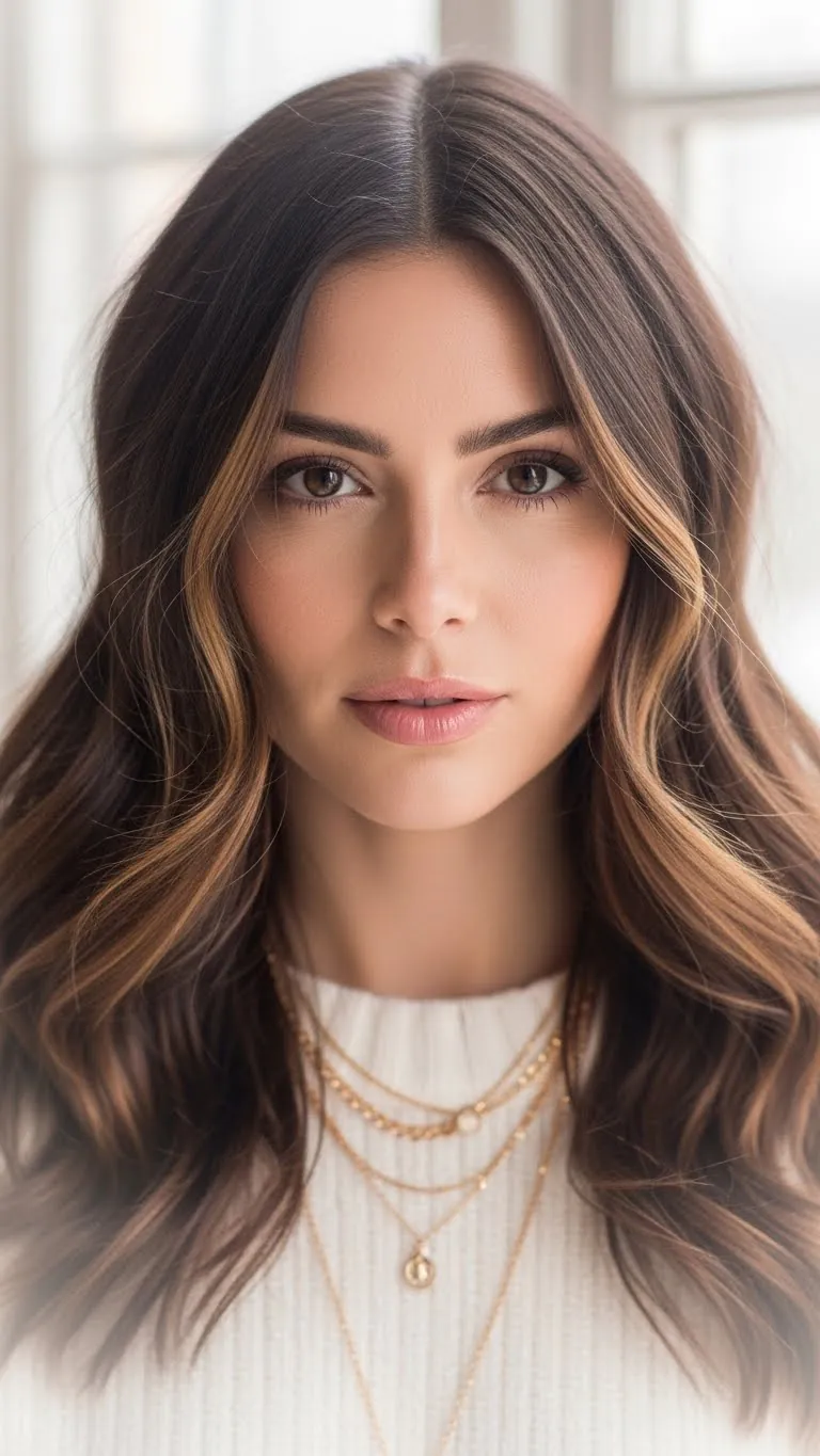 Close-up of a young woman with flawless skin, brown eyes, and styled wavy hair smiling softly.