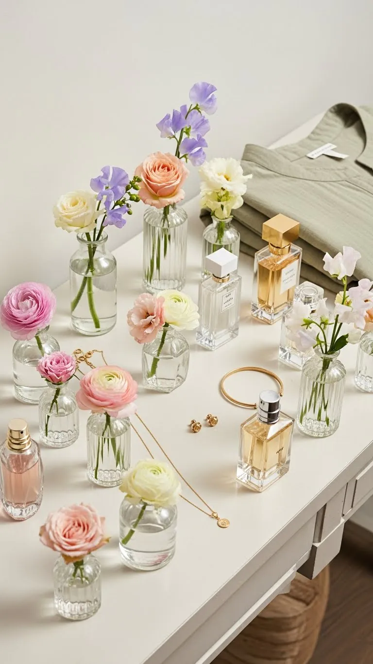 Vase arrangement of pastel flowers with perfume bottles, jewelry, and a beige clothing item.