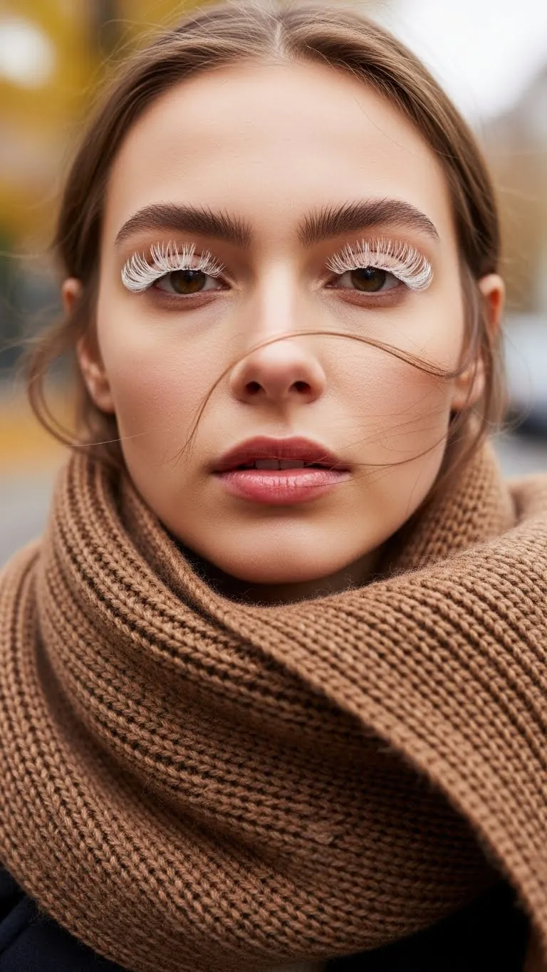 Close-up of young woman with dramatic white eyelashes and natural makeup.