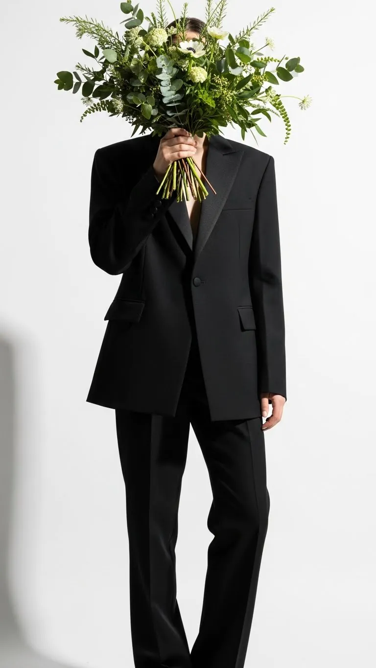 Woman in black suit with a large green floral bouquet covering her face, promoting floral arrangements and fashion.