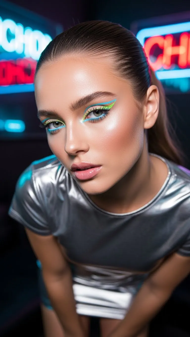 Close-up of a woman with bold, colorful neon eye makeup at a nightlife event.