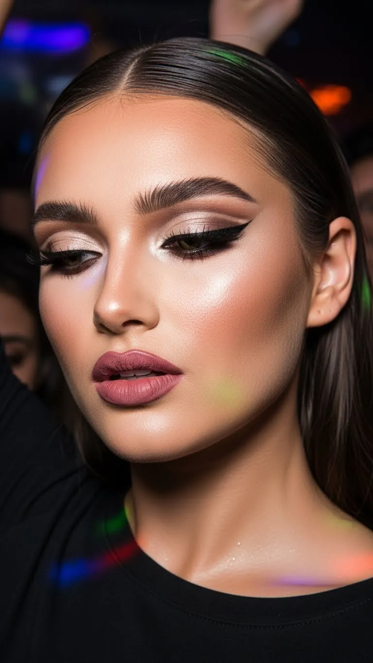 Close-up of elegant makeup and sleek hairstyle, perfect for beauty and fashion searches.