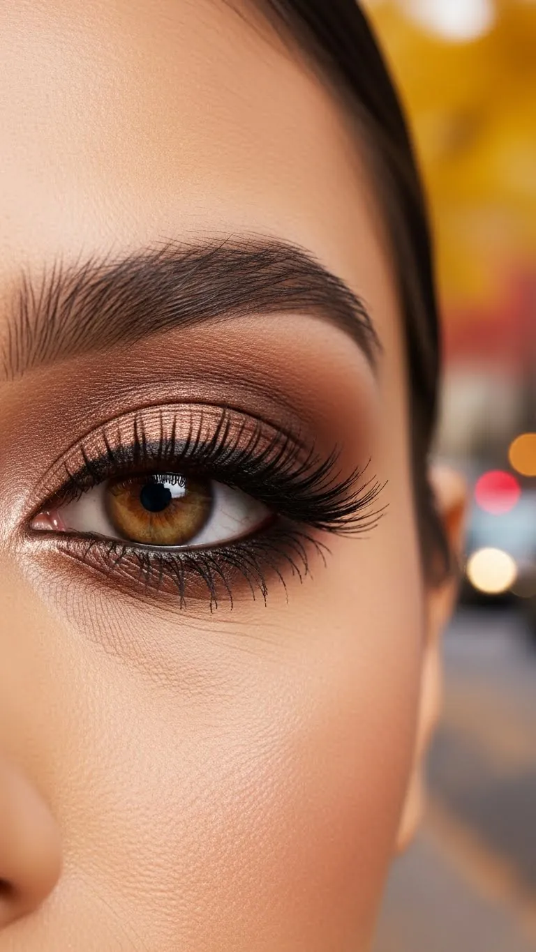 Close-up of a beautifully made-up eye with flawless skin and detailed eye makeup.