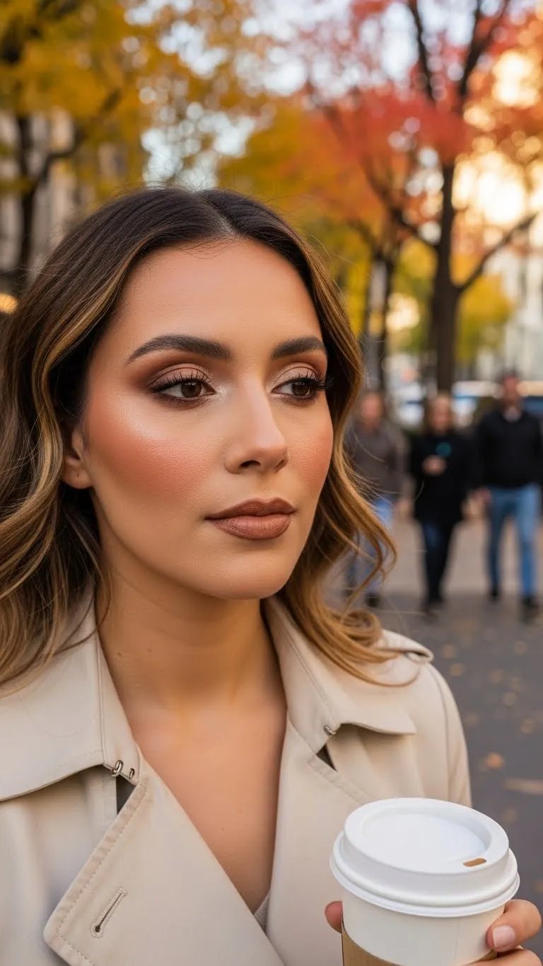 Beautiful woman holding coffee cup outdoors in a park with autumn leaves, casual fashion, and tranquil expression.
