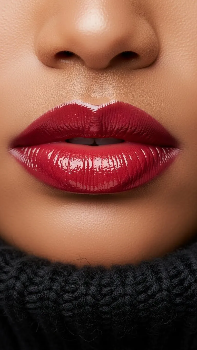 Close-up of glossy red lips and subtle skin texture, highlighting makeup and beauty.