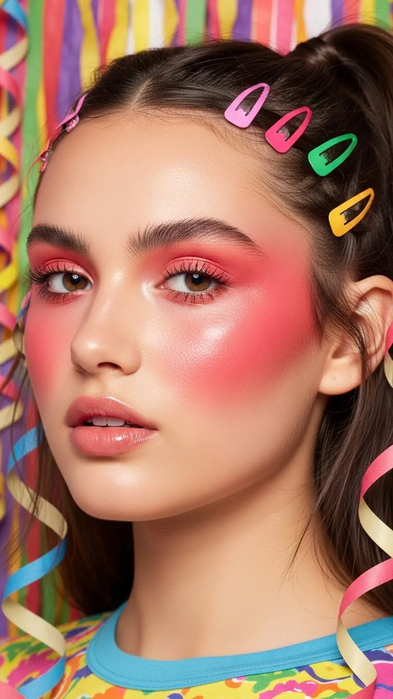 Bright makeup with pink eyeshadow and glossy lips, vibrant hair clips, and cheerful background.