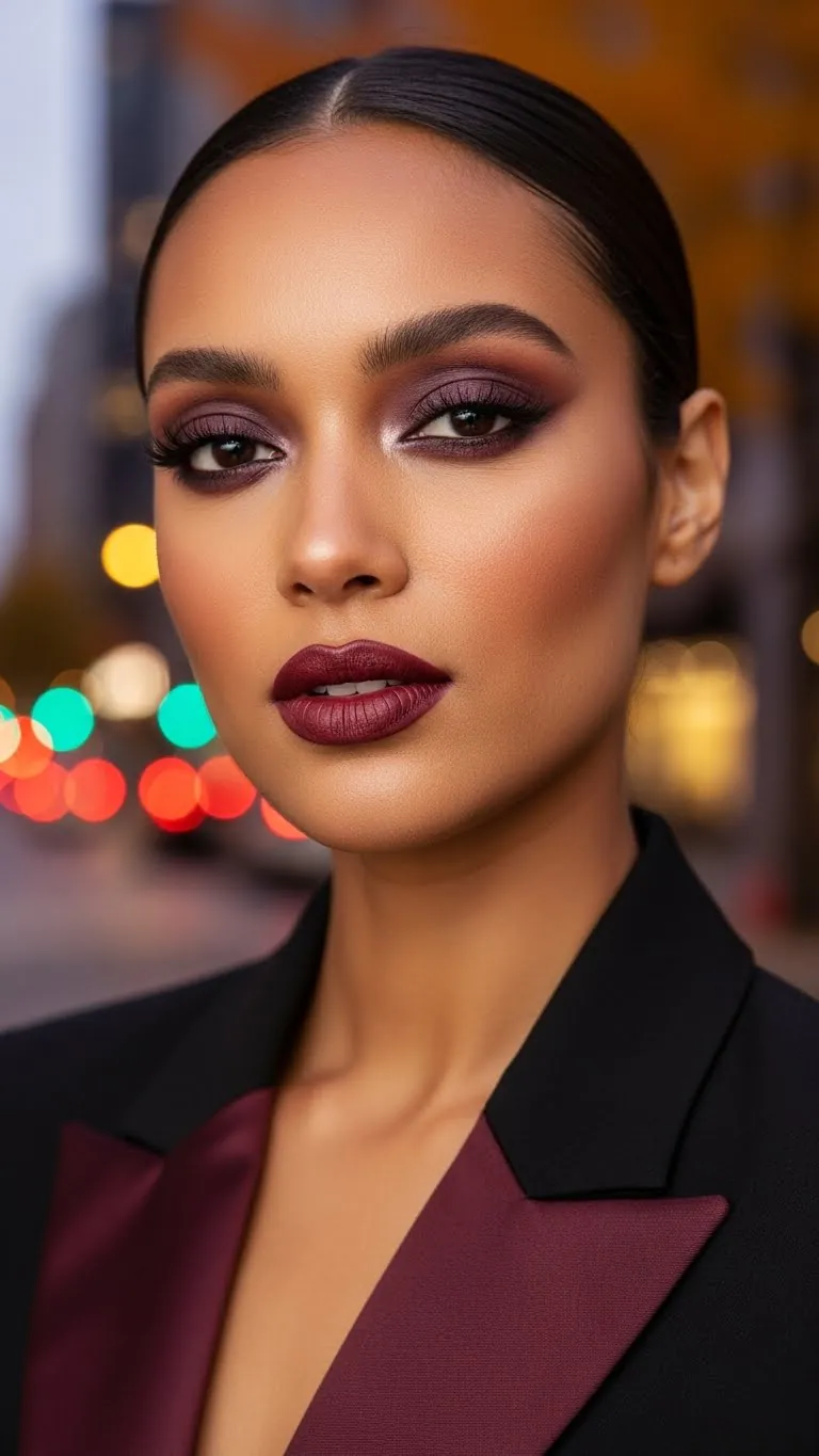 Stunning woman with bold makeup, dark lipstick, and professional attire in urban setting.