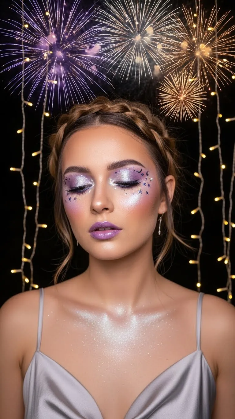 Elegant woman with glitter and moon star makeup, celebrating with fireworks background.