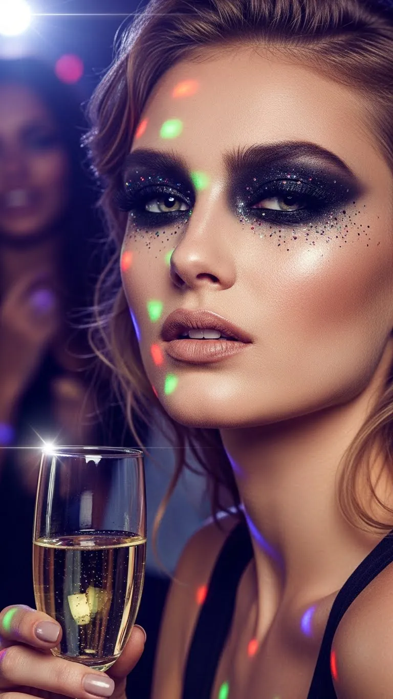 Beautiful woman with dramatic glitter eye makeup and champagne at celebration.