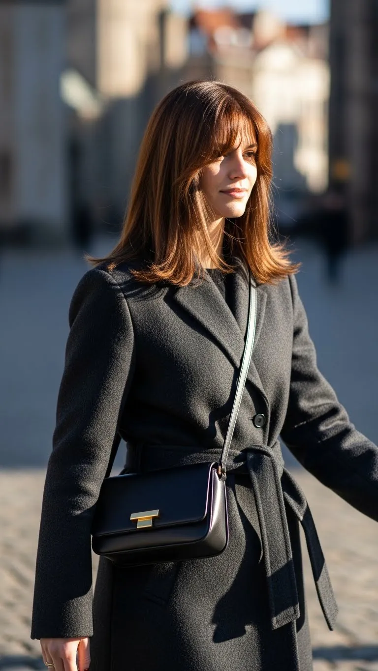 Stylish woman in black coat with purse on city street during daytime.