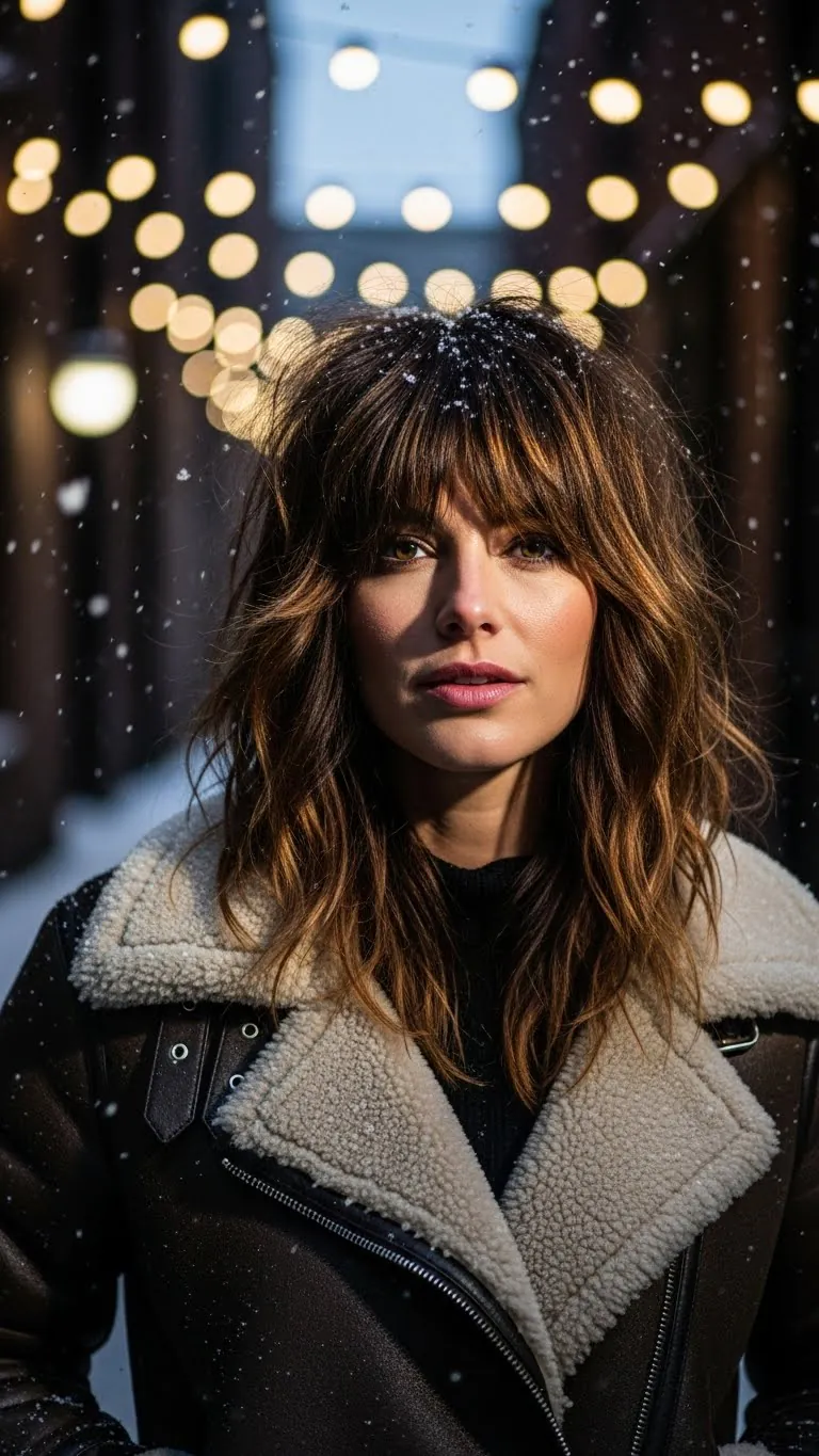 Fashionable woman outdoors in winter with snow and bokeh lights in background.