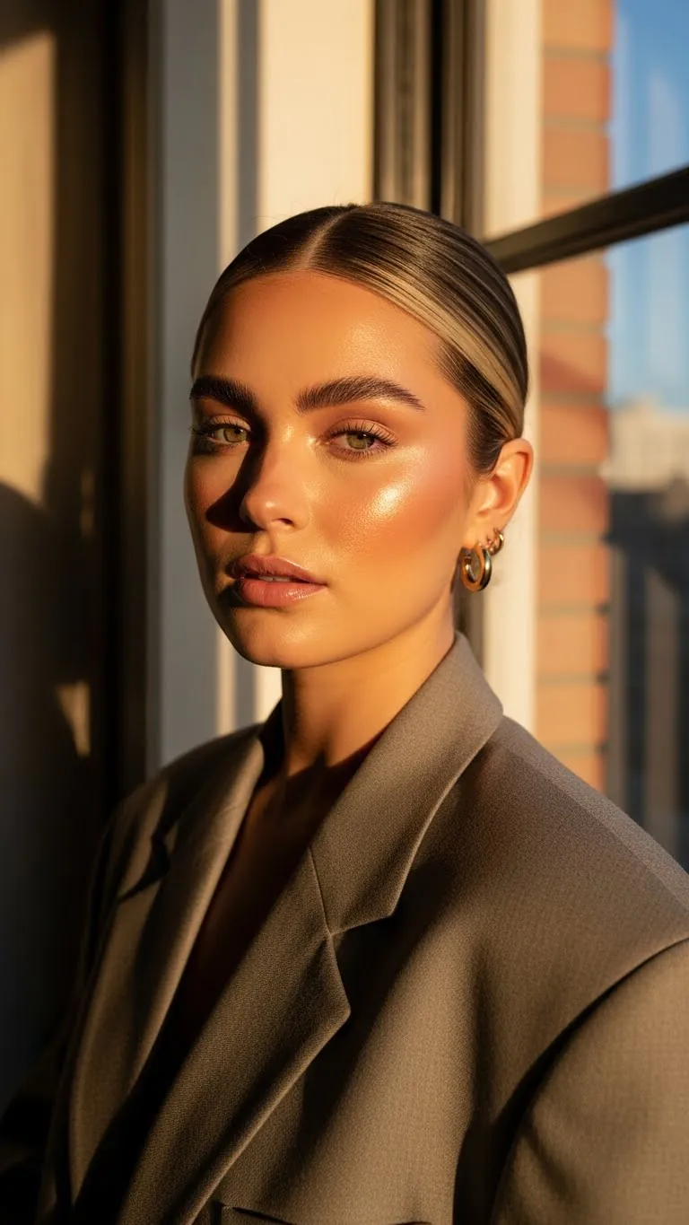 Close-up of a confident woman with flawless makeup and sleek hairstyle in natural sunlight.