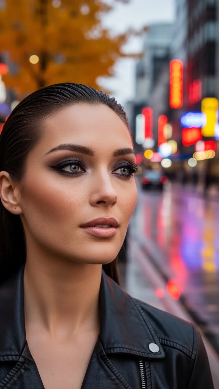 Stunning woman with urban city lights, neon signs, rainy evening backdrop, and stylish attire.