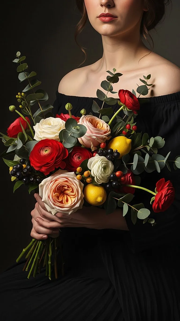 Luxurious floral bouquet featuring roses, ranunculus, lemons, and lush greenery, perfect for elegant occasions and gift-giving.