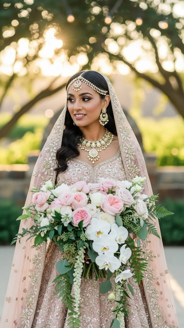 Stunning bride in traditional wedding attire with intricate jewelry and a beautiful flower bouquet.