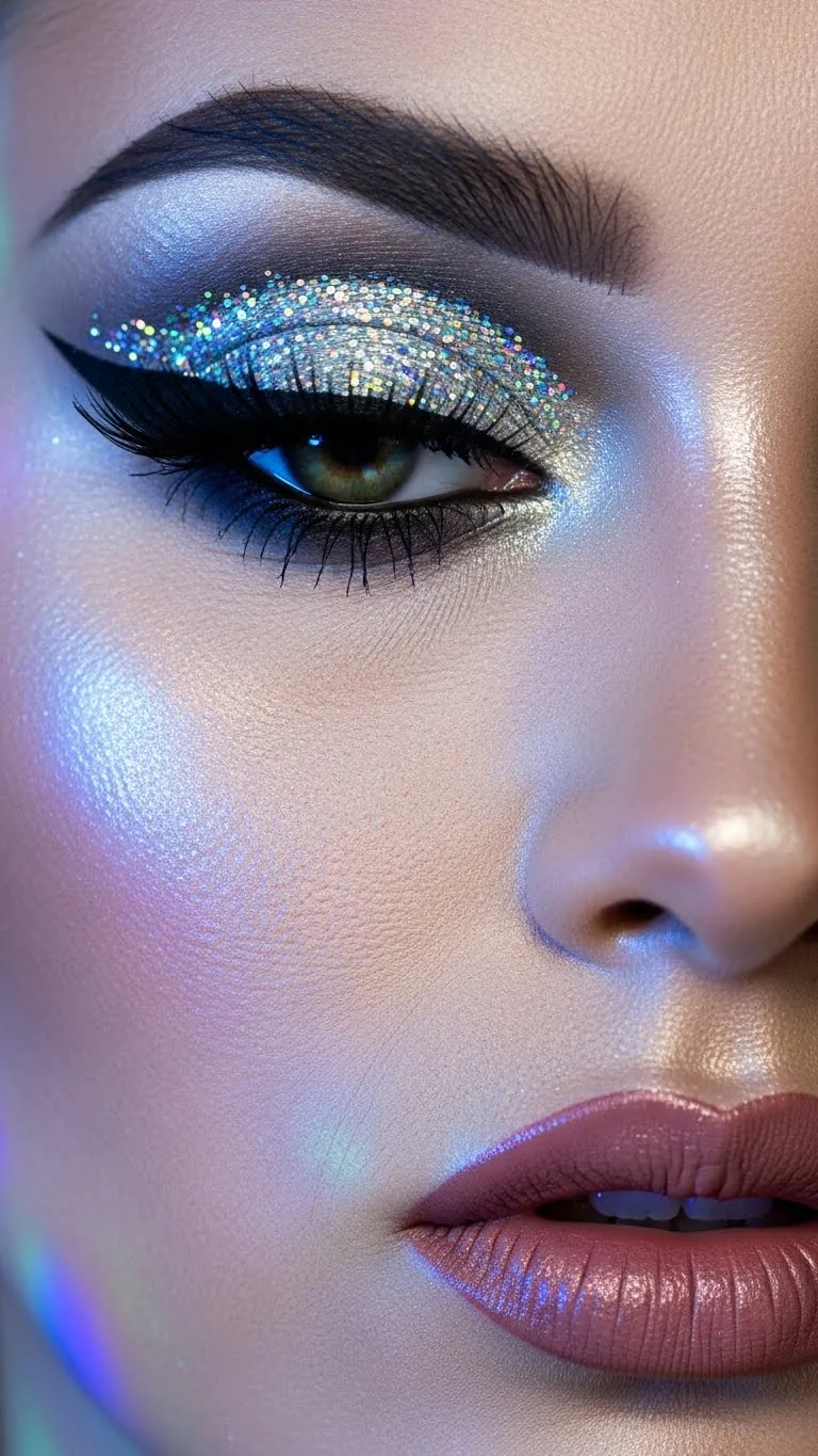 Close-up of glamorous eye makeup with glittery eyeshadow and bold eyeliner.