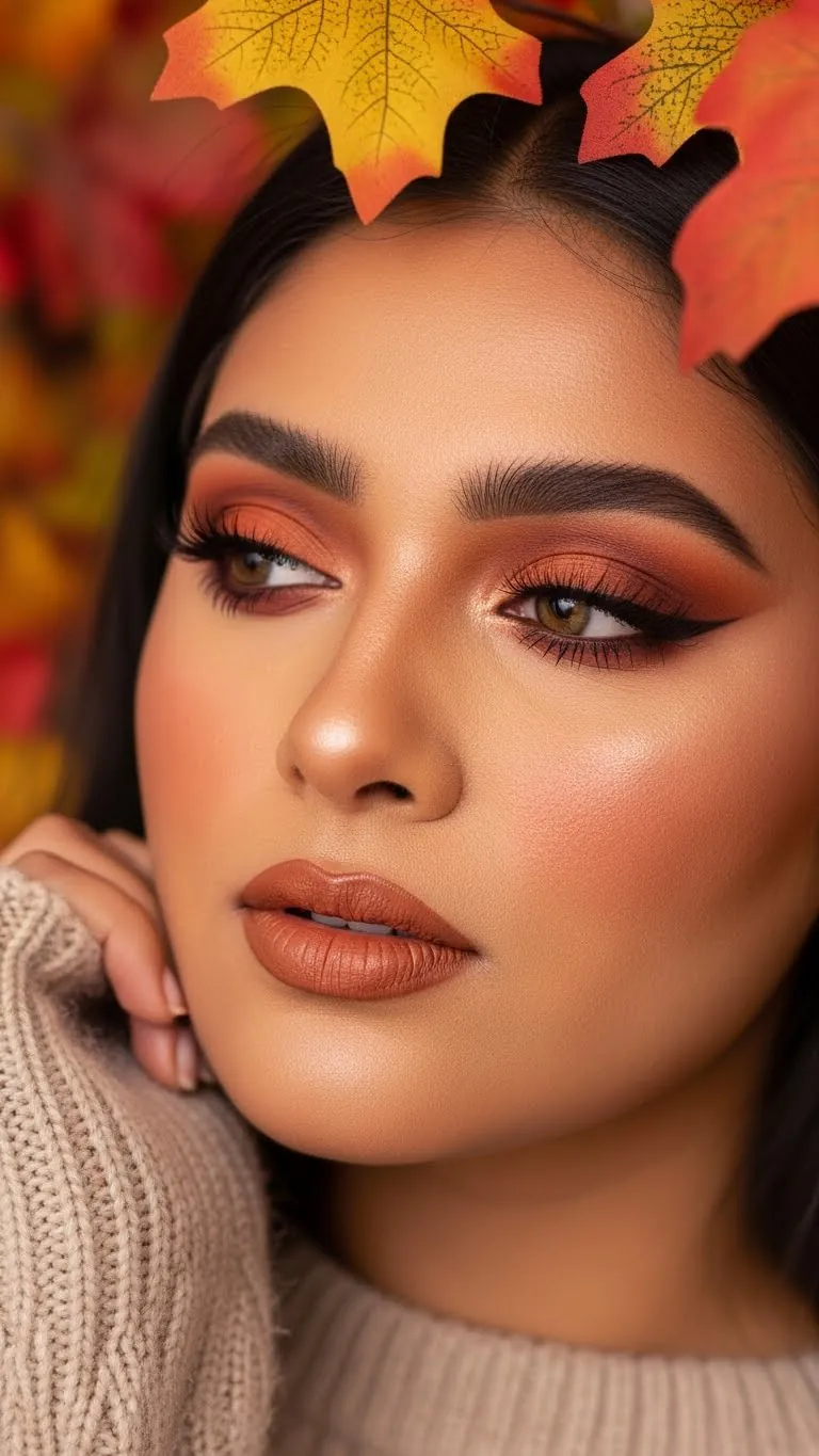 Close-up of woman with Fall-inspired makeup, autumn leaves, flawless skin, warm tones.