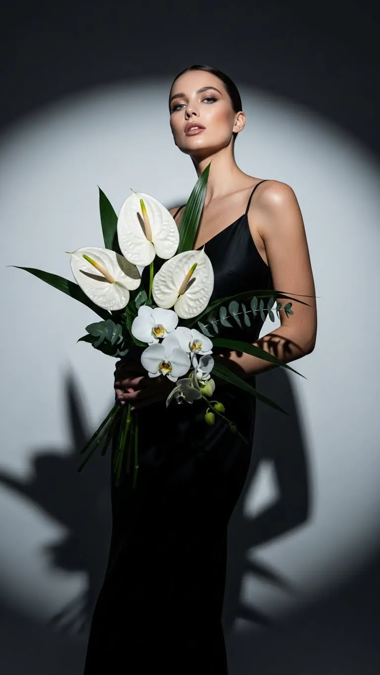 Woman holding beautiful orchids and calla lilies for elegant floral arrangement.