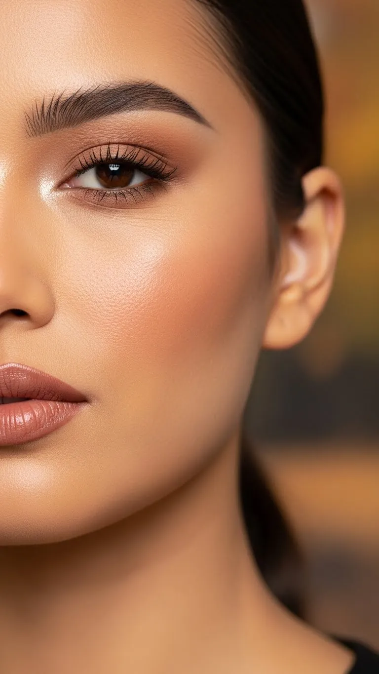 Close-up of a woman with flawless, glowing skin and natural makeup.