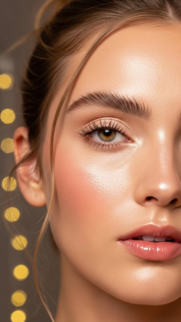 Close-up of a young woman with flawless, glowing skin and natural makeup.