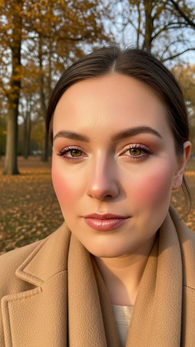Close-up of a woman outdoors in fall, natural makeup, beautiful scenery.