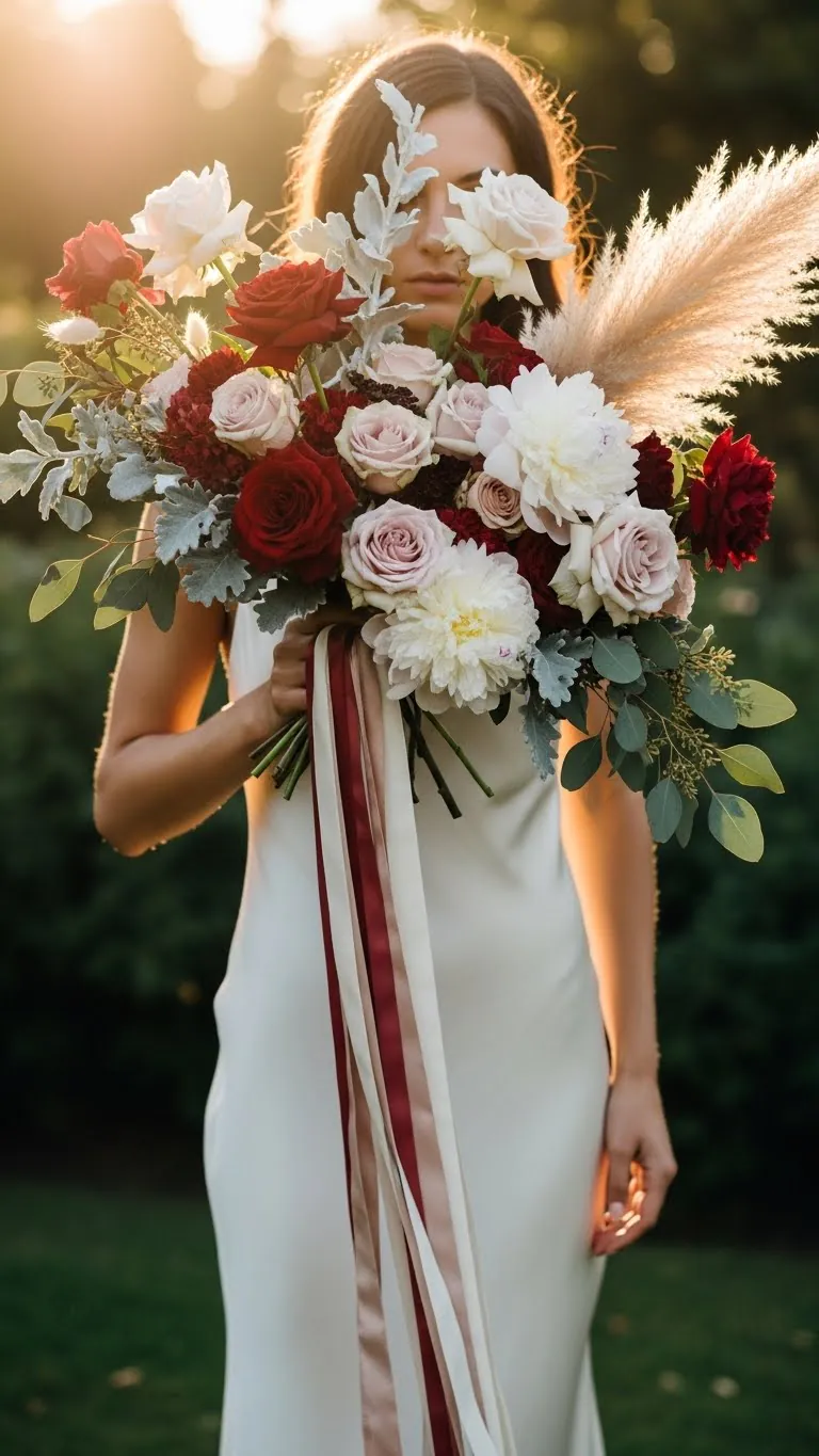 A stunning wedding bouquet featuring roses, peonies, and lush foliage, perfect for bridal ceremonies.