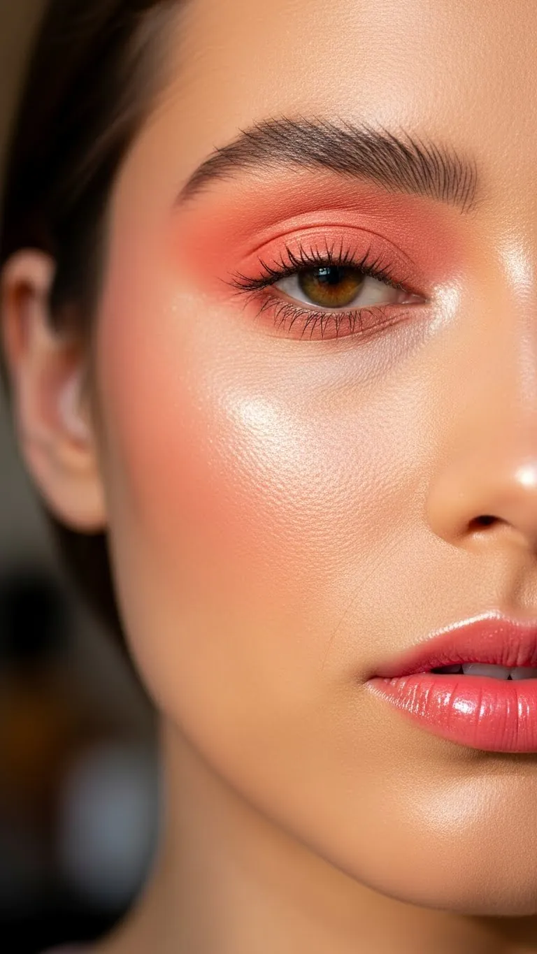 Close-up of a woman's eye, perfect makeup, smooth skin, and glossy lips for beauty and skincare.
