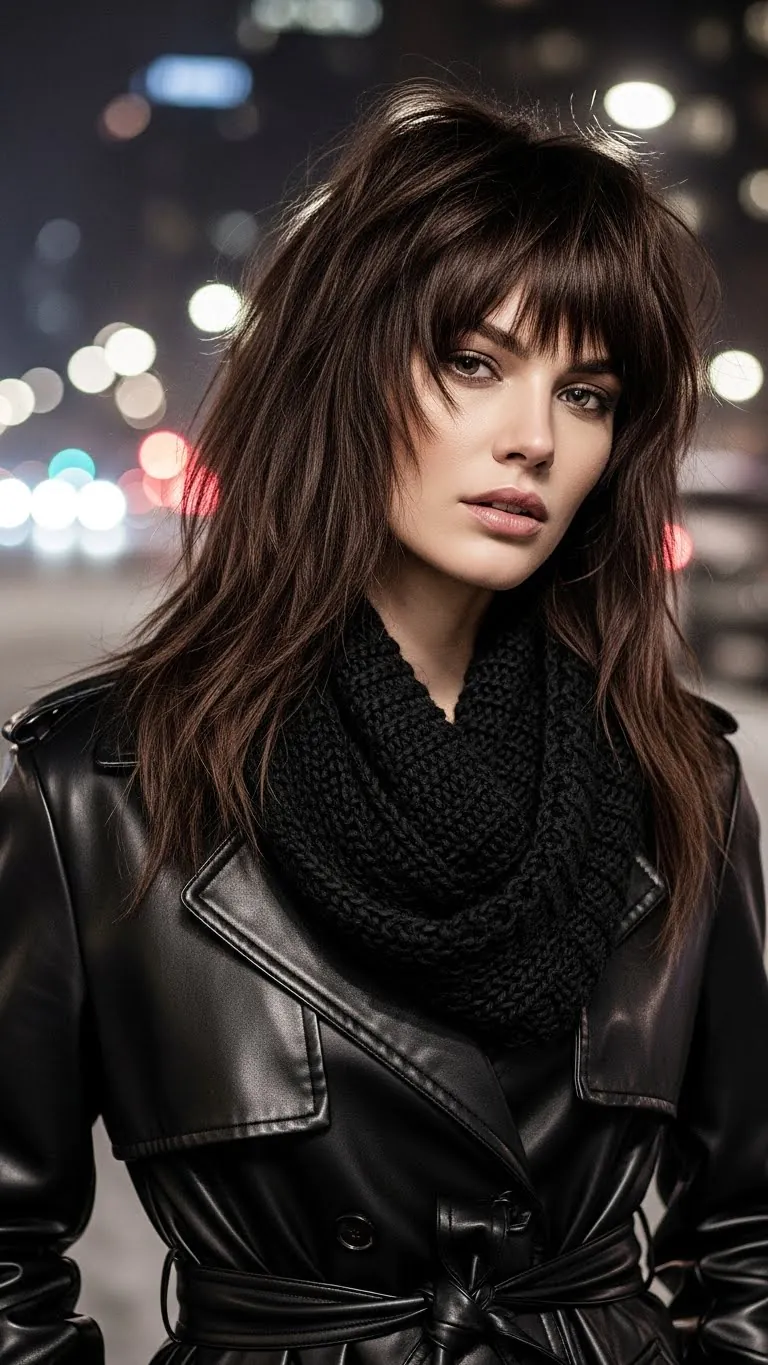 High-resolution portrait of a young woman with stylish hair and fashion-forward outfit in city lights.