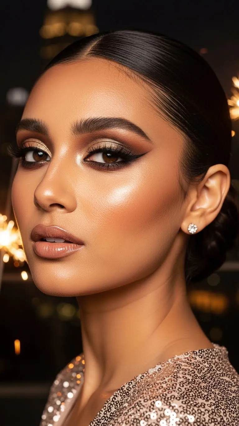 Stunning close-up of a woman with flawless makeup, elegant earrings, and shimmering attire at night.