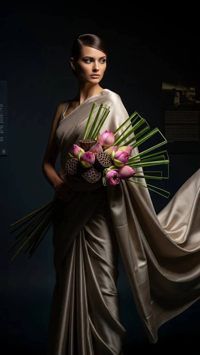 Stunning woman in silk gown with floral bouquet of pink lotus flowers and seed pods, dark background.